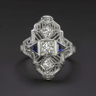 ART DECO DIAMOND SAPPHIRE COCKTAIL RING 18k WHITE GOLD FILIGREE VINTAGE ANTIQUE
