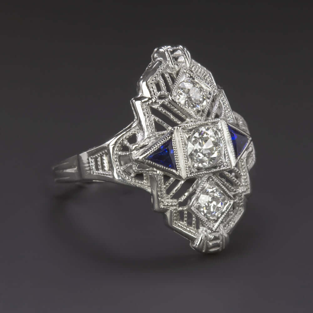 ART DECO DIAMOND SAPPHIRE COCKTAIL RING 18k WHITE GOLD FILIGREE VINTAGE ANTIQUE