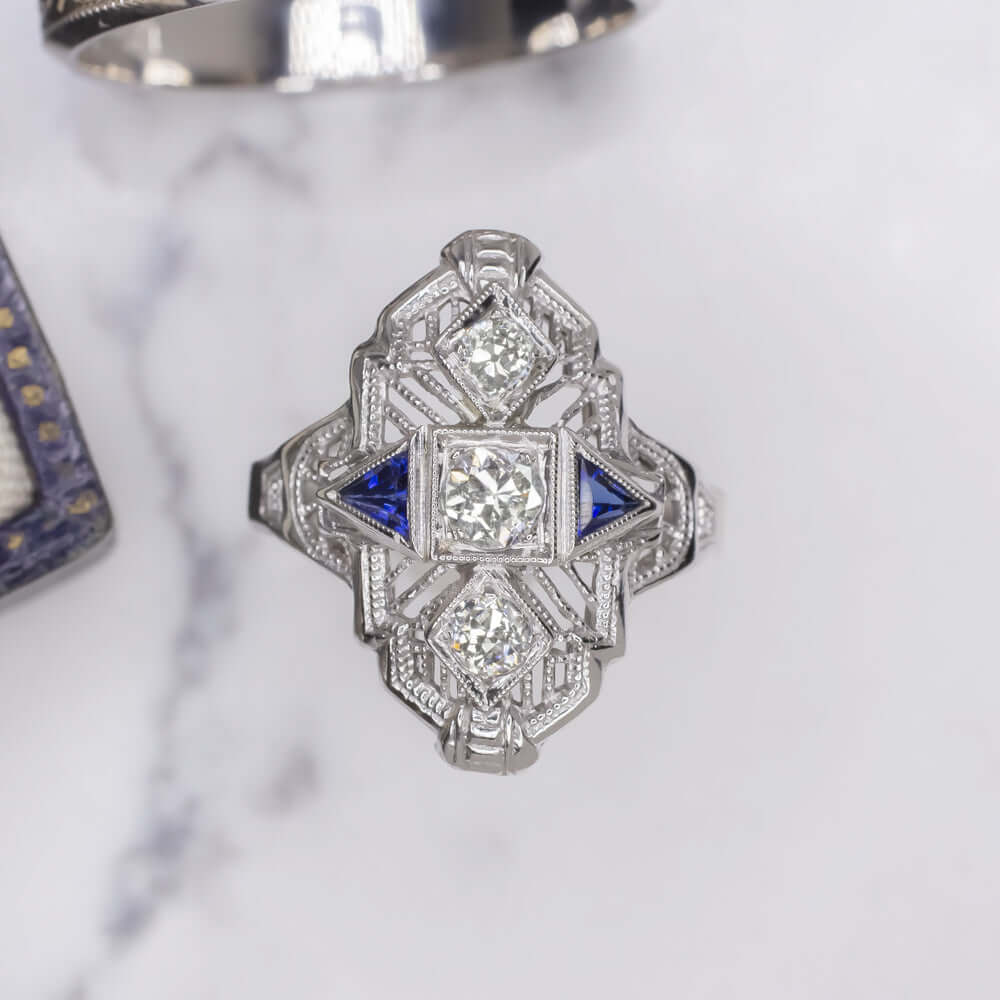 ART DECO DIAMOND SAPPHIRE COCKTAIL RING 18k WHITE GOLD FILIGREE VINTAGE ANTIQUE