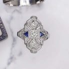 ART DECO DIAMOND SAPPHIRE COCKTAIL RING 18k WHITE GOLD FILIGREE VINTAGE ANTIQUE