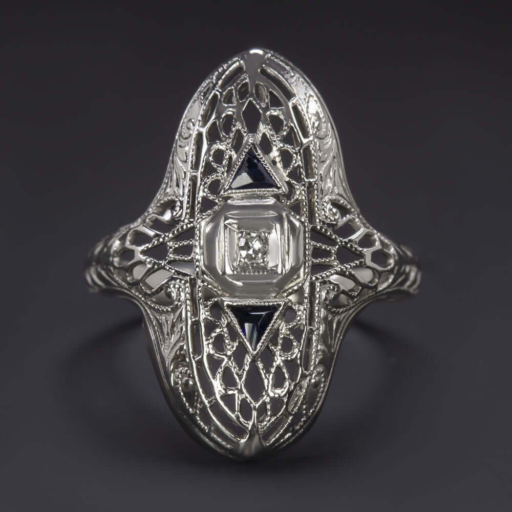 ART DECO DIAMOND SAPPHIRE COCKTAIL RING FILIGREE VINTAGE 1920s NAVETTE