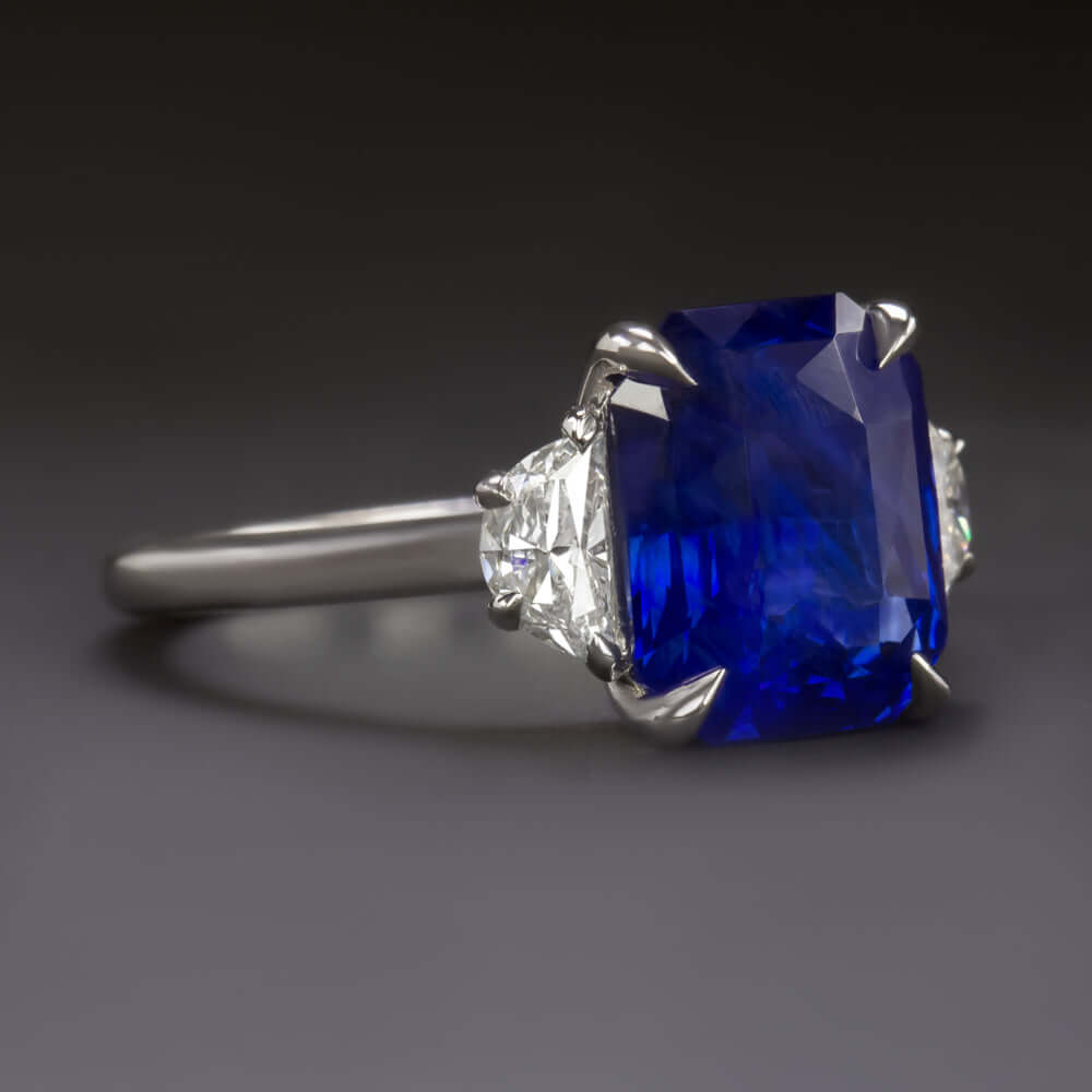 5.85ct GIA CERTIFIED SAPPHIRE DIAMOND RING RADIANT HALF MOON 3 STONE COCKTAIL