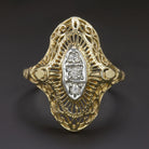 VINTAGE DIAMOND COCKTAIL RING ART DECO FILIGREE YELLOW TWO TONE GOLD NAVETTE
