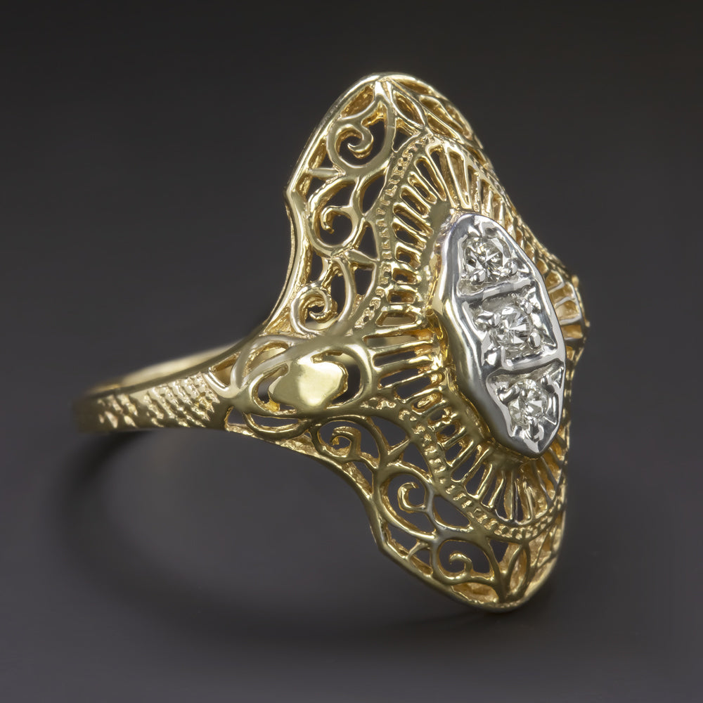 VINTAGE DIAMOND COCKTAIL RING ART DECO FILIGREE YELLOW TWO TONE GOLD NAVETTE