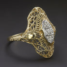 VINTAGE DIAMOND COCKTAIL RING ART DECO FILIGREE YELLOW TWO TONE GOLD NAVETTE