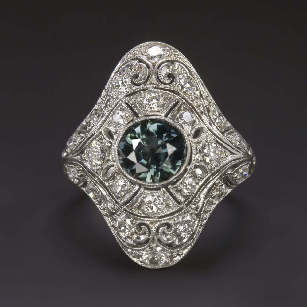 2.10ct ART DECO NO HEAT SAPPHIRE DIAMOND RING PLATINUM VINTAGE COCKTAIL TEAL 20s