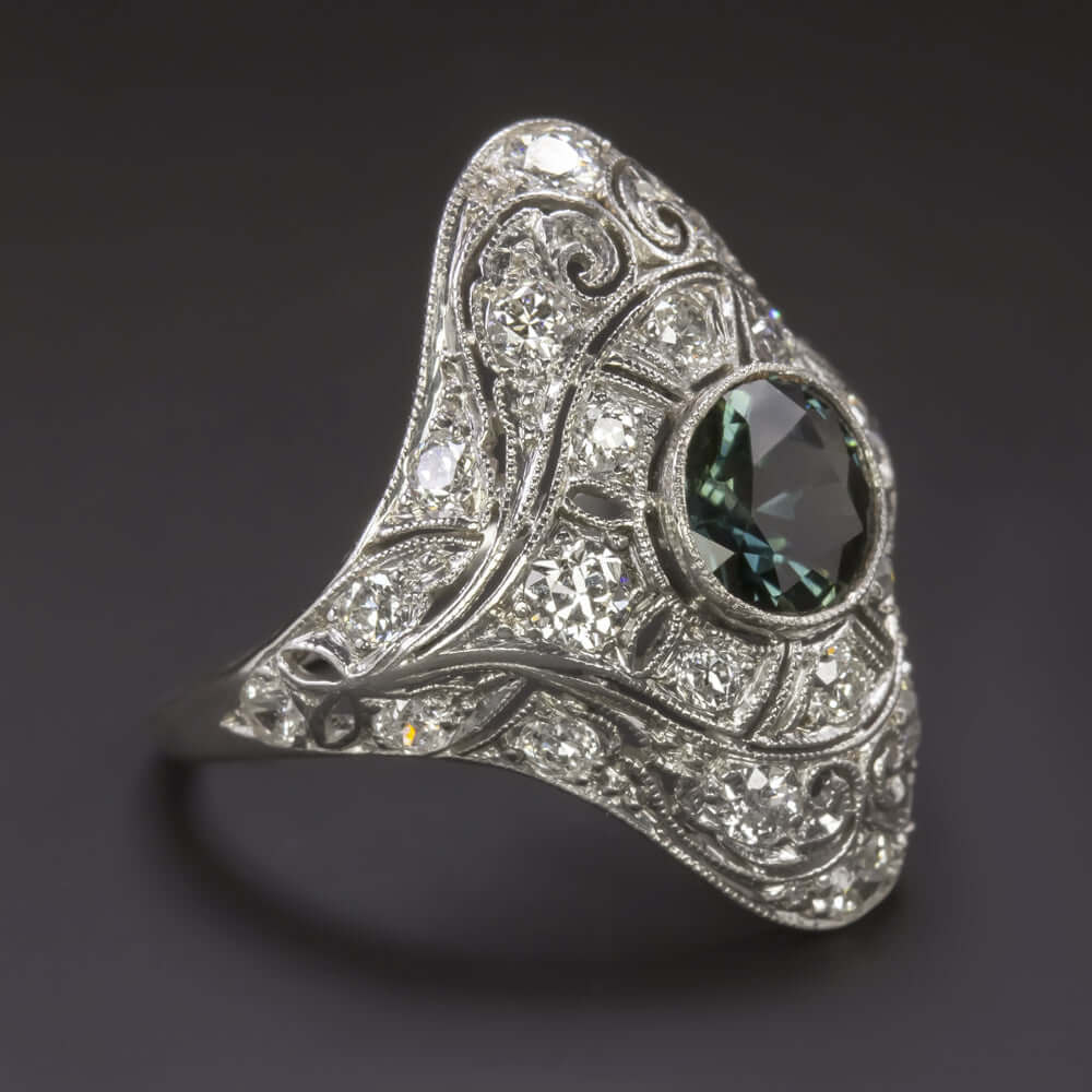 2.10ct ART DECO NO HEAT SAPPHIRE DIAMOND RING PLATINUM VINTAGE COCKTAIL TEAL 20s