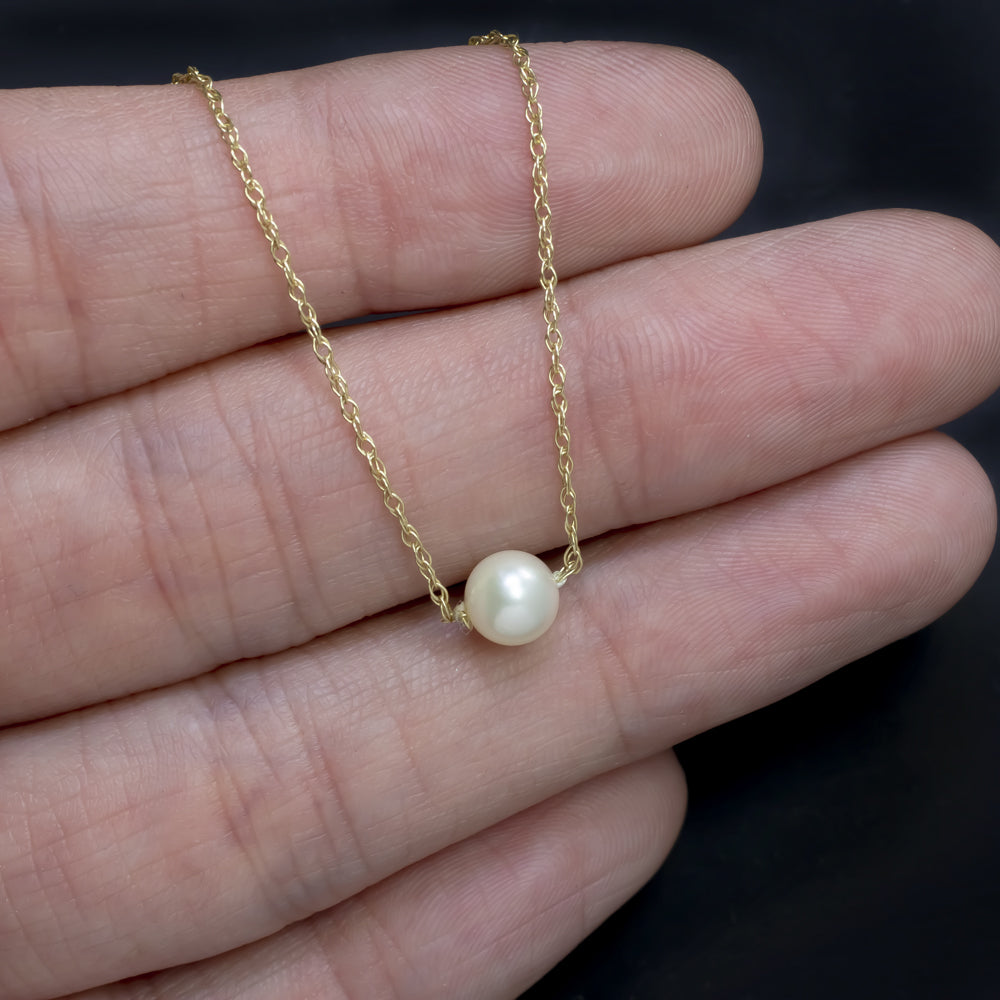 PEARL 14k YELLOW GOLD NECKLACE DAINTY SIMPLE CLASSIC EVERYDAY PENDANT 16 INCH