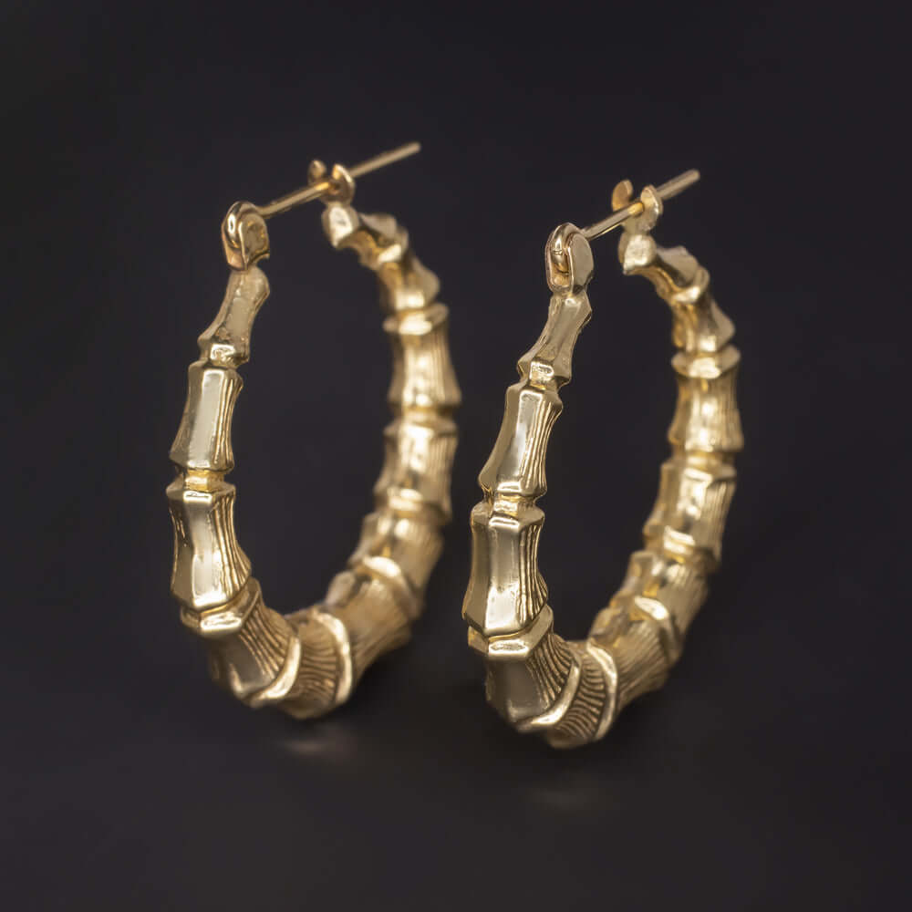 2 34 75mm Huge Graduated Diamond Cut Bamboo Hoop Earrings 14K Yellow Gold