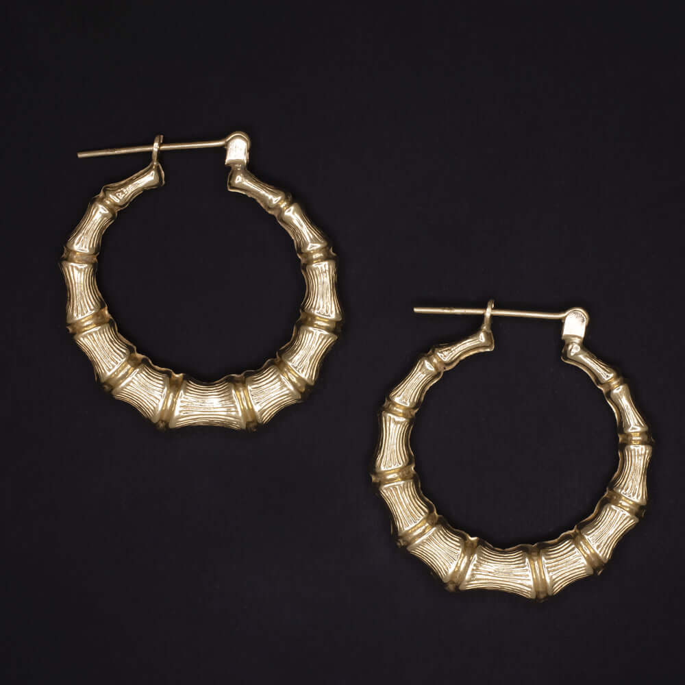 14K YELLOW GOLD BAMBOO HOOP EARRINGS 1in CLASSIC RETRO ESTATE VINTAGE TEXTURED