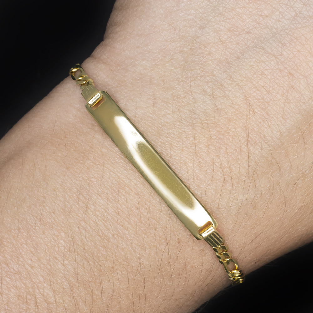 SOLID 14k YELLOW GOLD ENGRAVEABLE ID BRACELET FIGARO CHAIN PERSONALIZEABLE NAME