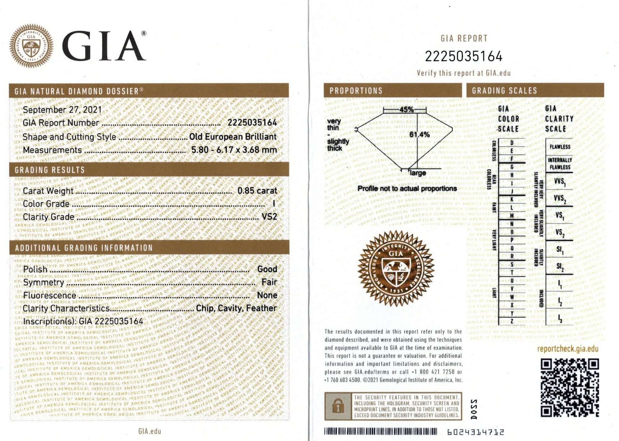 0.85c GIA CERTIFIED I VS2 OLD EUROPEAN CUT DIAMOND VINTAGE ANTIQUE LOOSE NATURAL