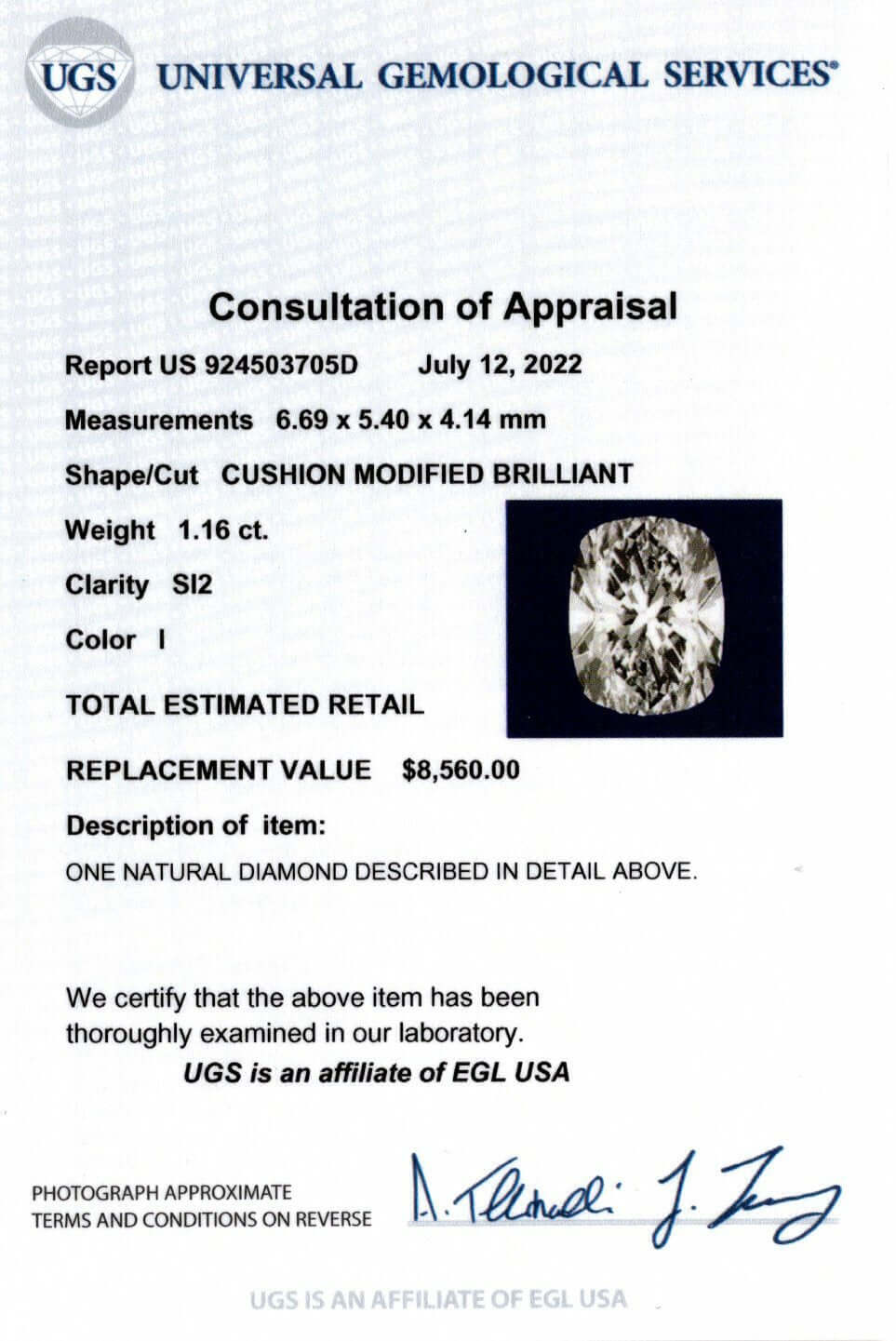 1.16ct CERTIFIED I SI2 CUSHION BRILLIANT CUT DIAMOND ELONGATED NATURAL LOOSE