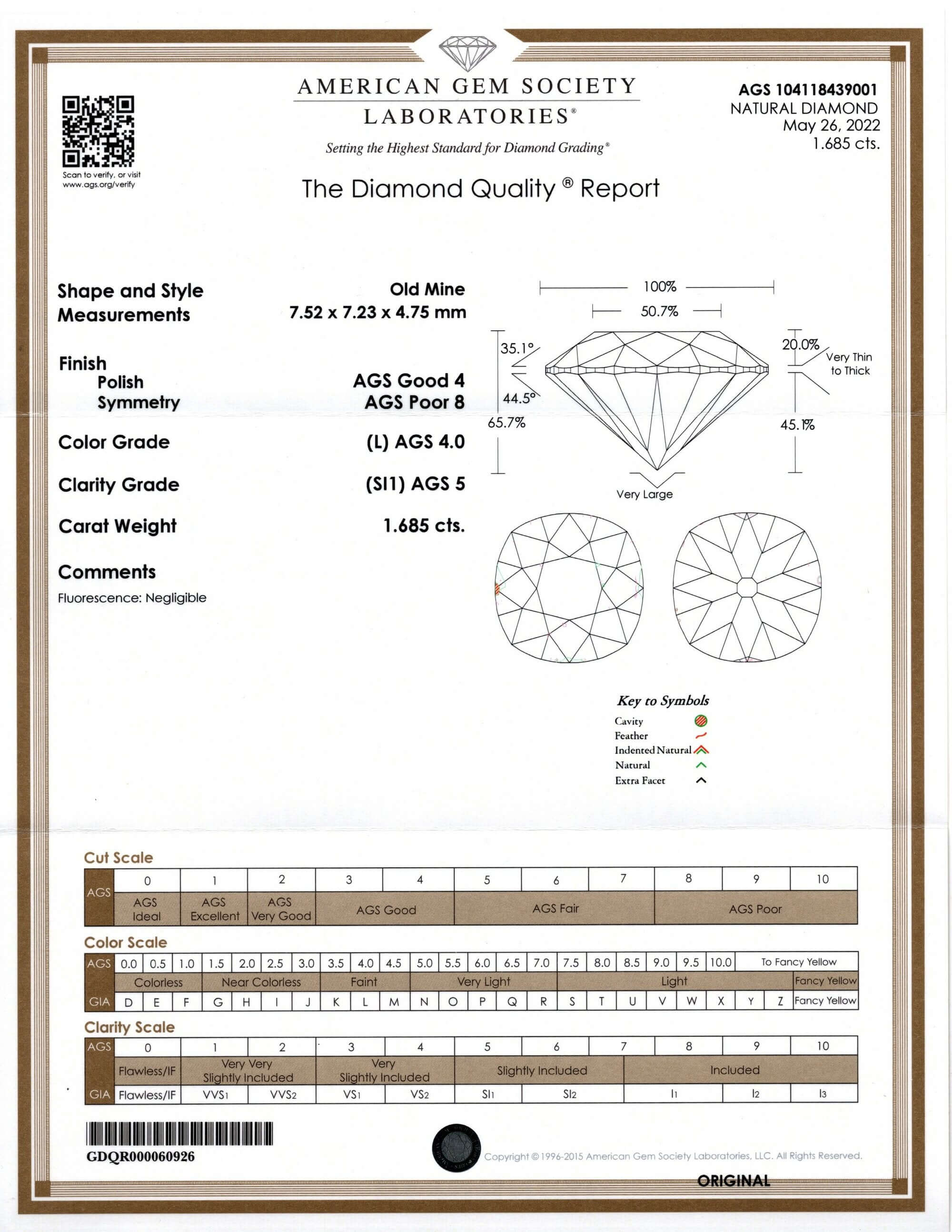 1.68ct CERTIFIED L SI1 OLD MINE CUT DIAMOND ANTIQUE VINTAGE CUSHION ESTATE LOOSE