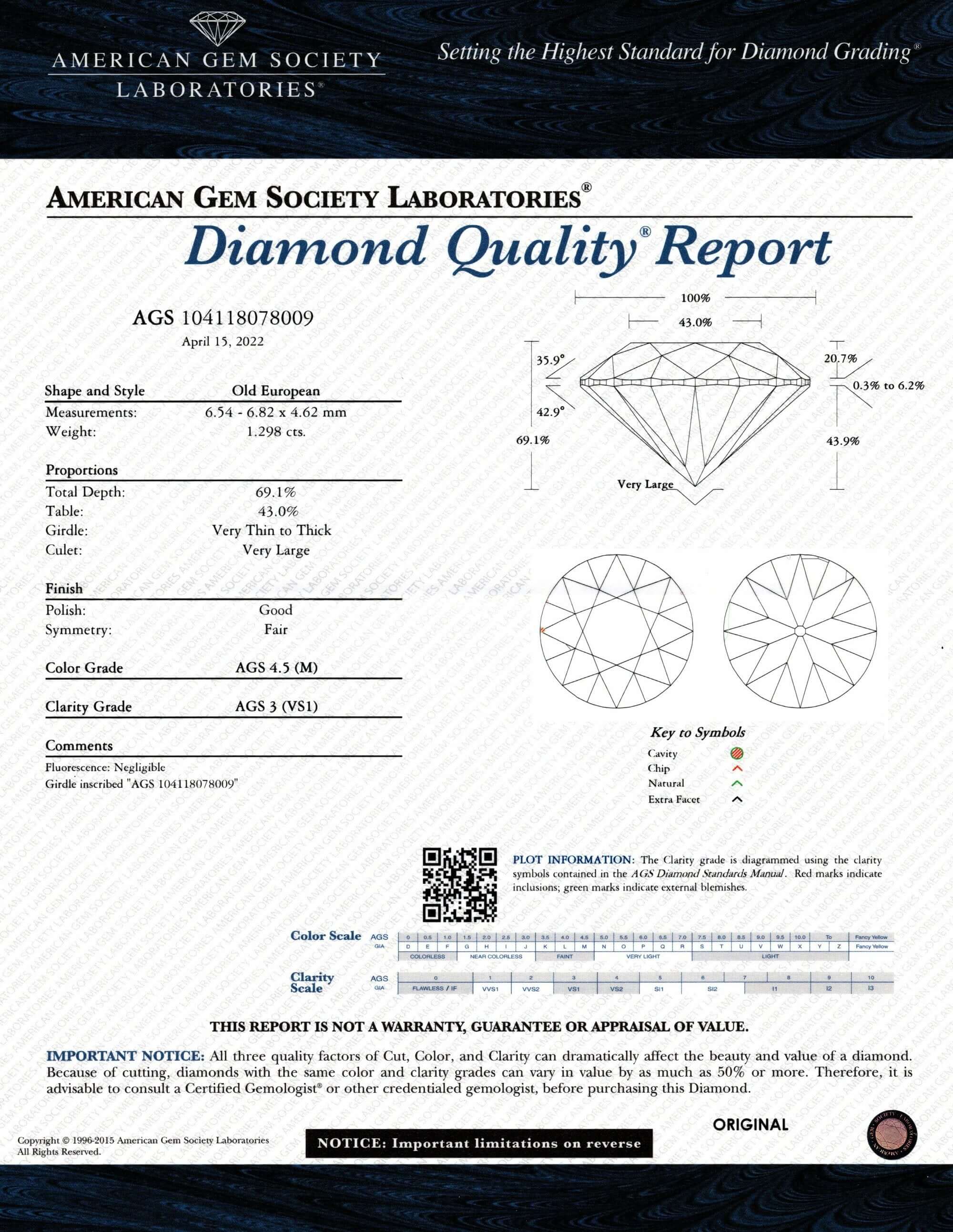 1.29ct CERTIFIED M VS1 OLD EUROPEAN CUT DIAMOND VINTAGE ESTATE LOOSE 1920s
