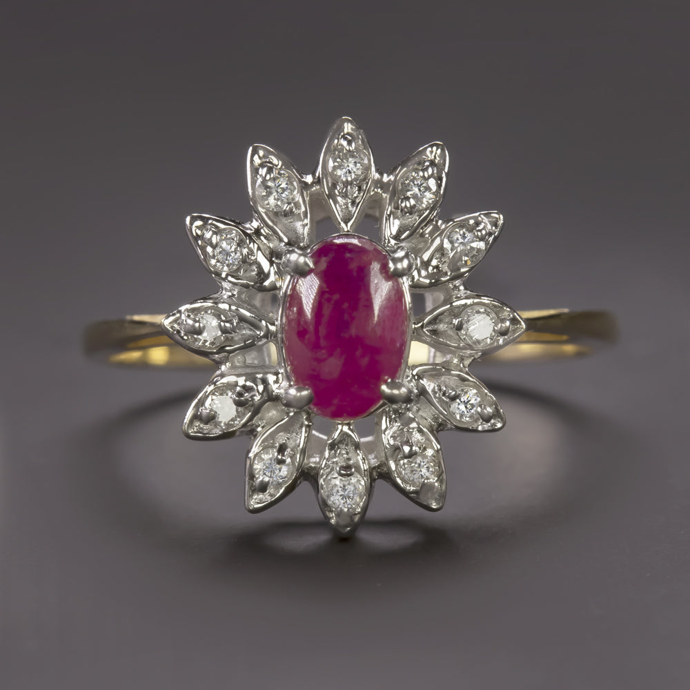 VINTAGE OVAL RUBY DIAMOND COCKTAIL RING HALO ESTATE NATURAL 14k TWO TONE GOLD