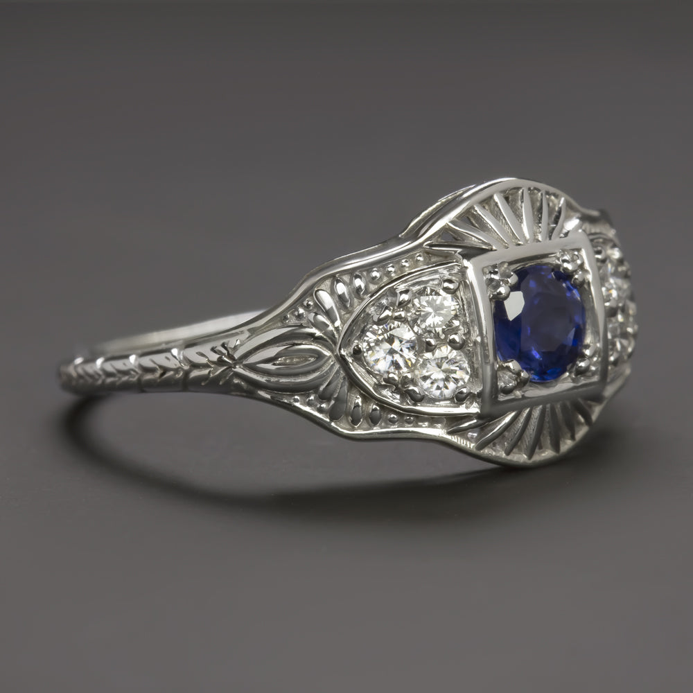 SAPPHIRE DIAMOND RING VINTAGE STYLE COCKTAIL FILIGREE 14k WHITE GOLD BLUE