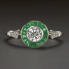 ROUND CUT DIAMOND EMERALD ENGAGEMENT RING ART DECO VINTAGE STYLE TARGET HALO