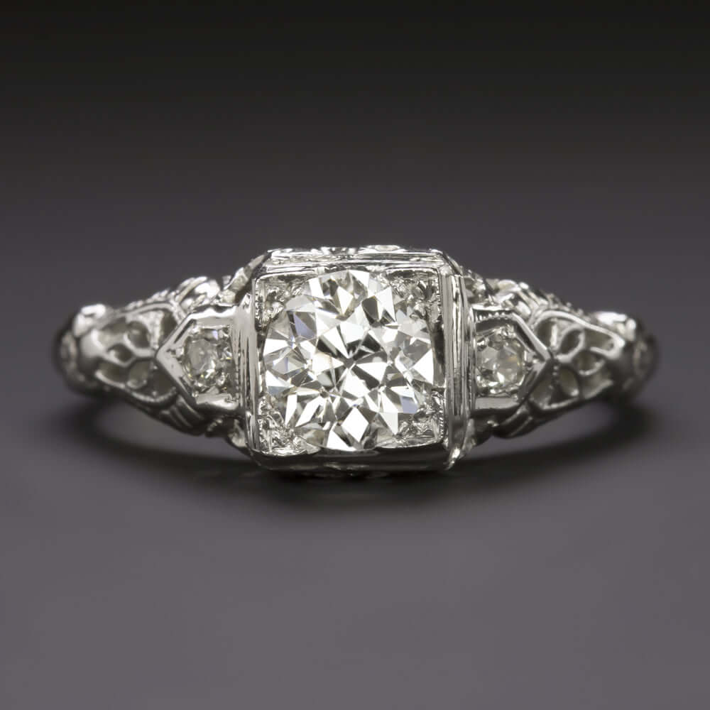 0.64ct OLD EUROPEAN CUT DIAMOND VINTAGE ENGAGEMENT RING 18k WHITE GOLD 1920s