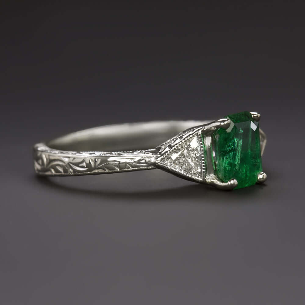 1.40ct EMERALD DIAMOND RING VINTAGE STYLE TRILLION CUT NATURAL 14k WHITE GOLD