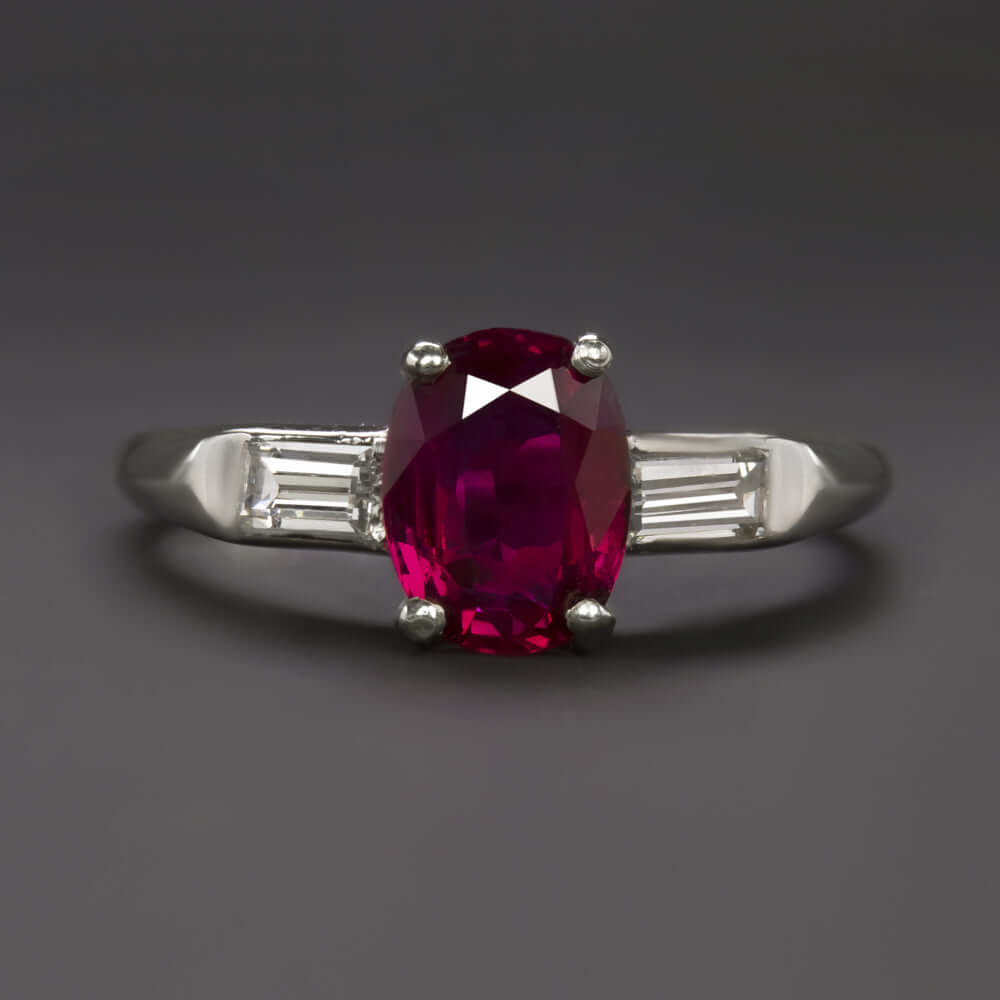 1.55ct RUBY DIAMOND VINTAGE RING PLATINUM OVAL SHAPE 3 STONE NATURAL ESTATE RED