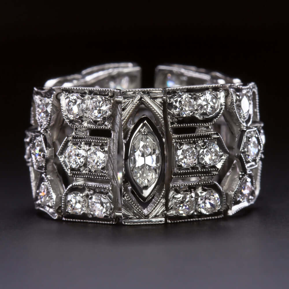 1.5 CARAT OLD CUT DIAMOND PLATINUM FLEXIBLE LINK RING ART DECO VINTAGE WIDE BAND