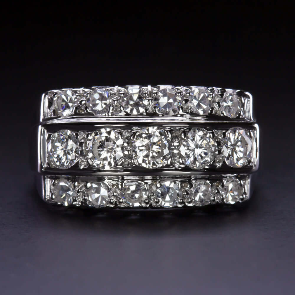 F-G VS 1.25ct NATURAL DIAMOND COCKTAIL RING 3 ROW ROUND CUT BAND 14K WHITE GOLD