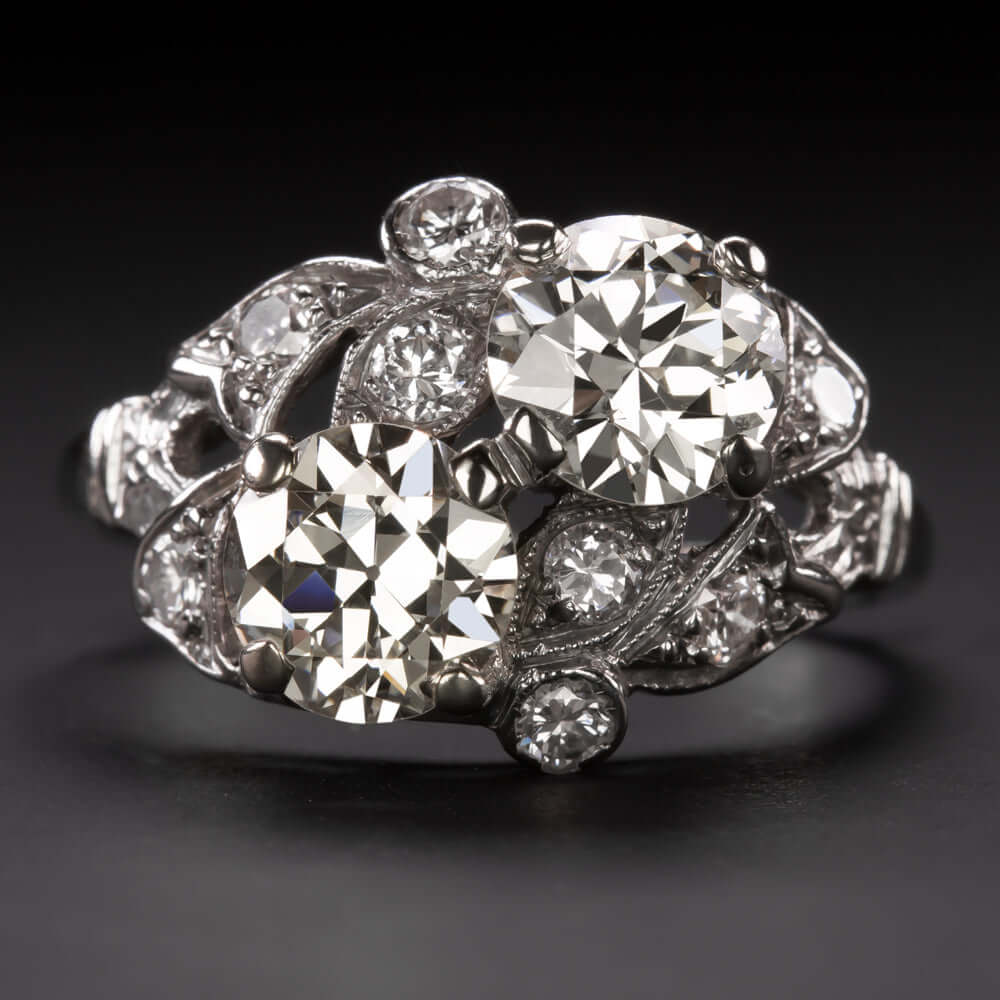 2.56c J-K VS OLD CUT DIAMOND VINTAGE COCKTAIL RING TOI ET MOI RETRO ESTATE 2.5ct