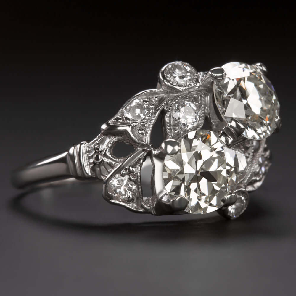 2.56c J-K VS OLD CUT DIAMOND VINTAGE COCKTAIL RING TOI ET MOI RETRO ESTATE 2.5ct