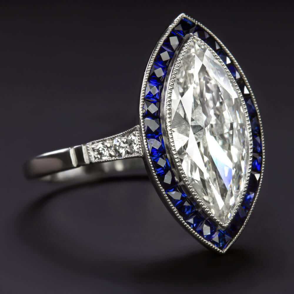 2.42c F-G SI MARQUISE DIAMOND SAPPHIRE ENGAGEMENT RING PLATINUM VINTAGE STYLE