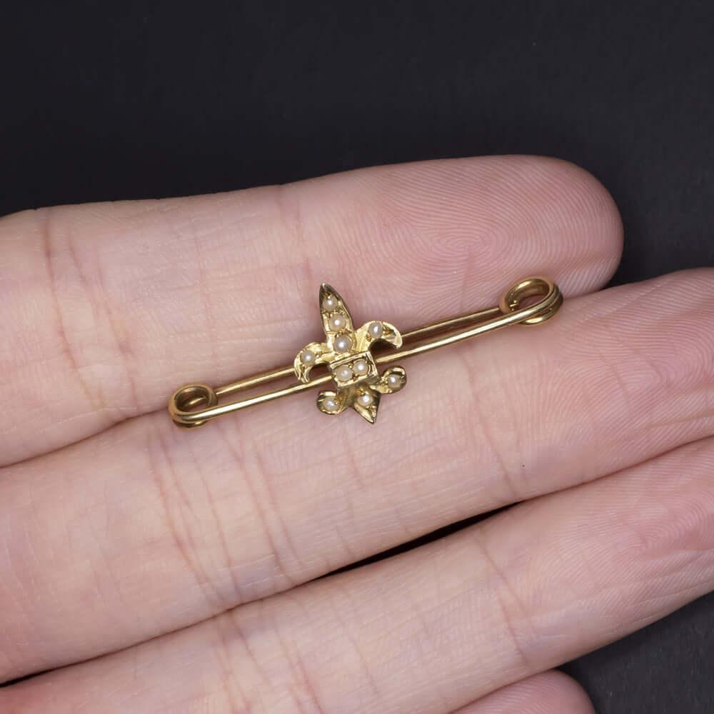 ANTIQUE SOLID 14K YELLOW GOLD SEED PEARL PIN FLEUR DE LIS BROOCH ESTATE