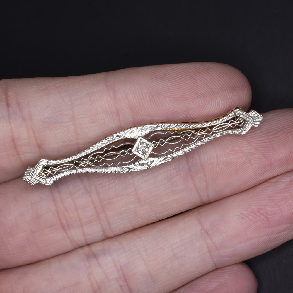 VINTAGE DIAMOND 14K WHITE GOLD PIN PENDANT ART DECO BROOCH NECKLACE FILIGREE