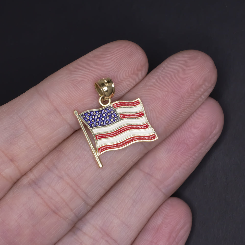 SOLID 10k YELLOW GOLD ENAMEL FLAG PENDANT PATRIOTIC GIFT NECKLACE CHARM USA
