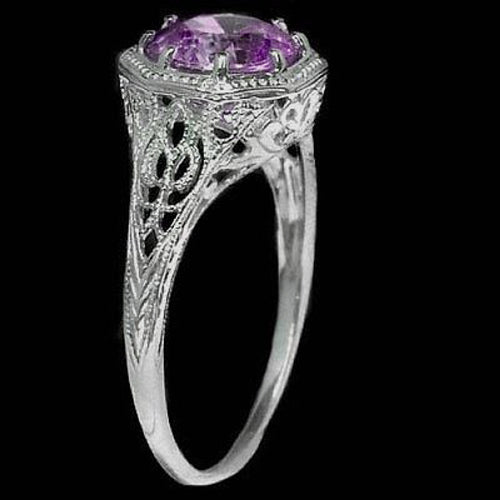 VINTAGE STYLE AMETHYST SOLITAIRE LADIES COCKTAIL RING 14K WHITE GOLD PURPLE