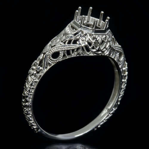 ART DECO STYLE PLATINUM ENGAGEMENT RING SETTING FLORAL MOUNT ENGRAVED ROUND 6MM