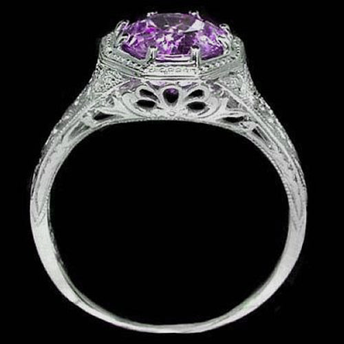 VINTAGE STYLE AMETHYST SOLITAIRE LADIES COCKTAIL RING 14K WHITE GOLD PURPLE
