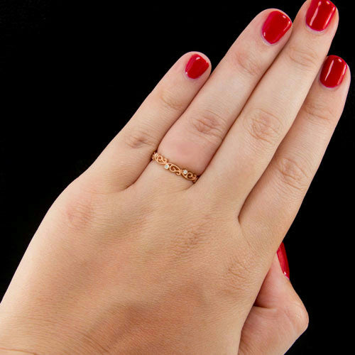 VINTAGE STYLE DIAMOND FILIGREE WEDDING BAND RING DAINTY ART DECO ROSE GOLD 14