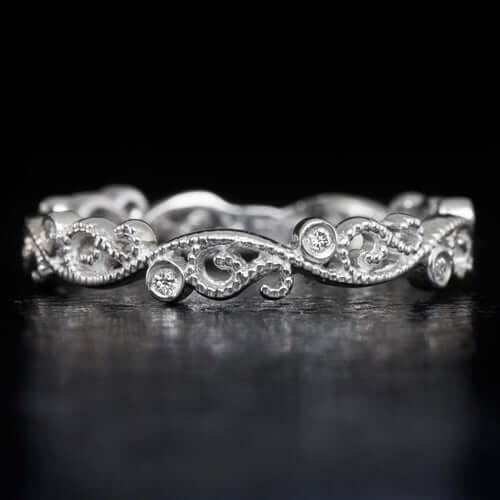 ART DECO G-H VS DIAMOND PLATINUM WEDDING BAND FILIGREE VINTAGE STYLE FLORAL RING