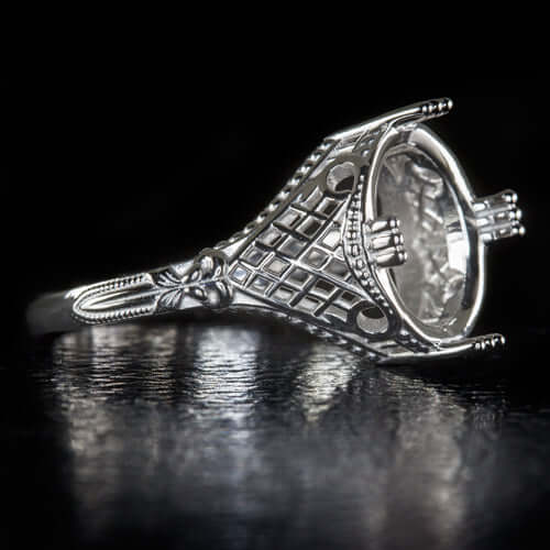 ART DECO OVAL 12x10 GEM SEMI-MOUNT SETTING VINTAGE STYLE WHITE GOLD RING
