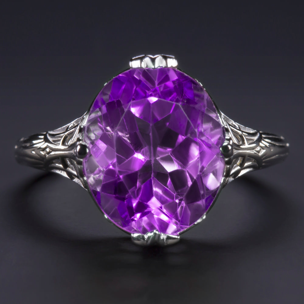 VINTAGE STYLE AMETHYST 14K WHITE GOLD RING FILIGREE OVAL PURPLE NATURAL COCKTAIL
