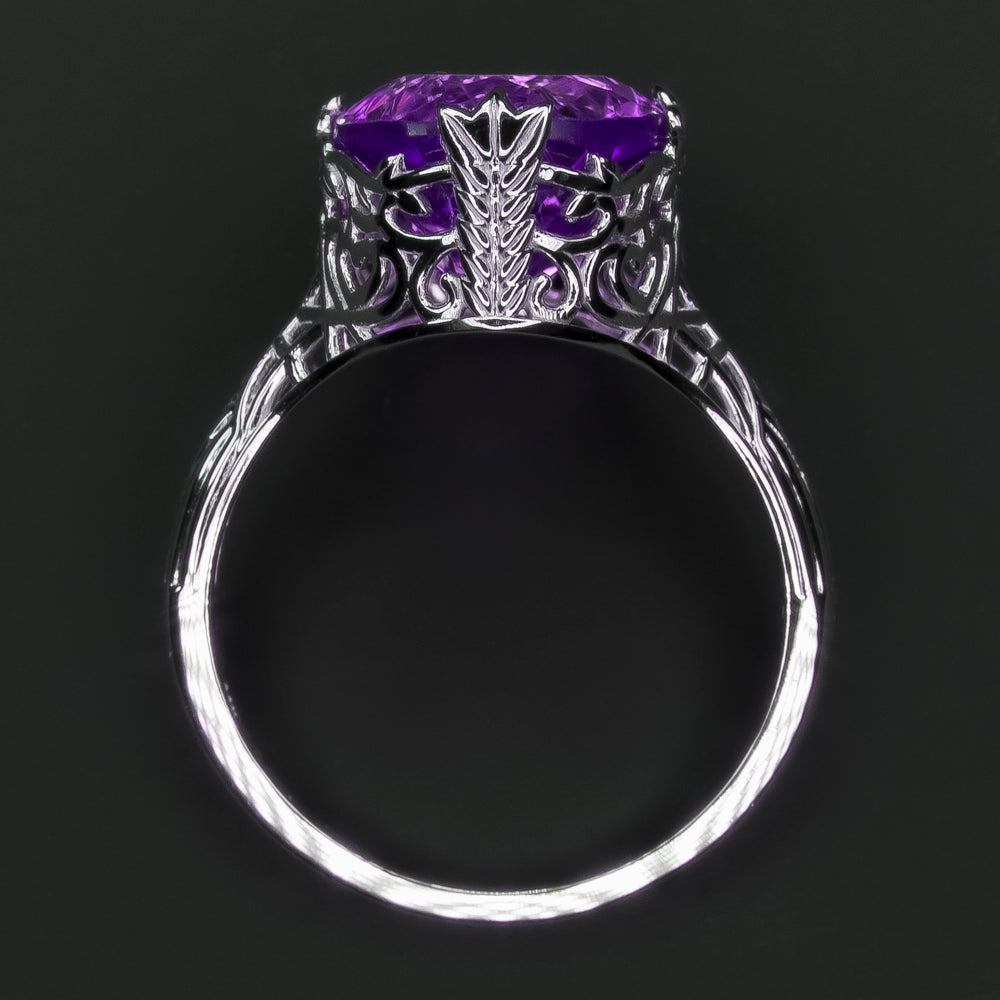VINTAGE STYLE AMETHYST 14K WHITE GOLD RING FILIGREE OVAL PURPLE NATURAL COCKTAIL