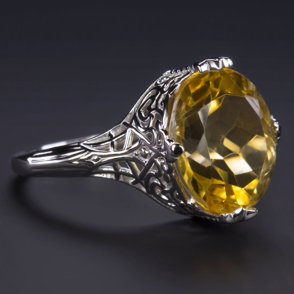 VINTAGE STYLE CITRINE 14K WHITE GOLD RING FILIGREE OVAL YELLOW NATURAL COCKTAIL