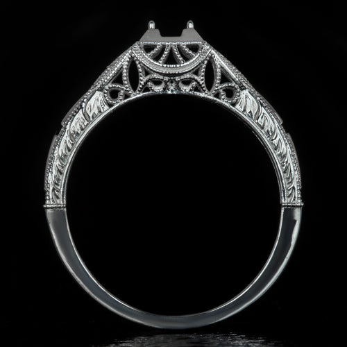 VINTAGE STYLE ART DECO SEMI MOUNT ROUND SETTING RING 14K WHITE GOLD FILIGREE