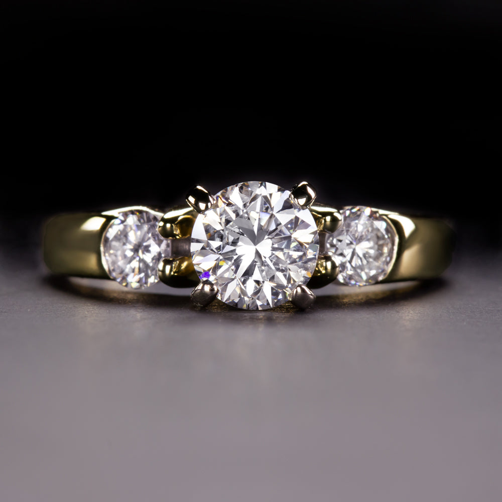 ONE CARAT 3 STONE VG CUT ROUND NATURAL DIAMOND ENGAGEMENT RING 14K YELLOW GOLD