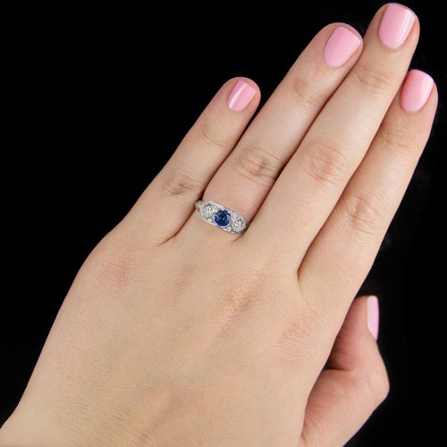 The Birmingham: Antique Three Stone Filigree Ring with Sapphires and Diamond