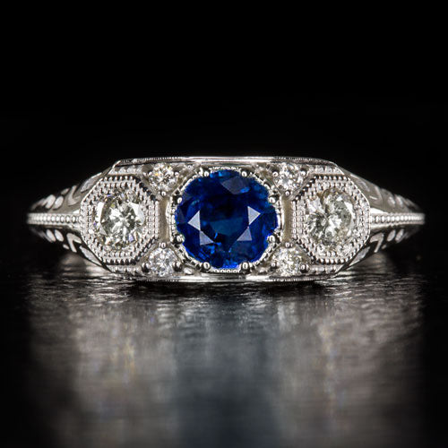 14k Rose Gold Three Stone Blue Sapphire And Moissanite Engagement Ring  #105201 - Seattle Bellevue | Joseph Jewelry