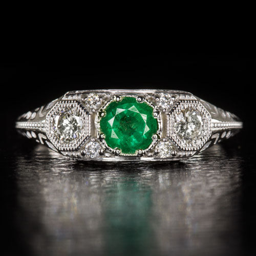 Emerald Diamond Art Deco Ring Vintage Style 3 Stone White Gold Green  Cocktail