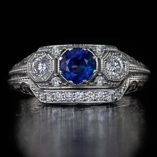 VINTAGE STYLE ART DECO 3 STONE BLUE SAPPHIRE DIAMOND RING 14k WHITE GOLD ROUND