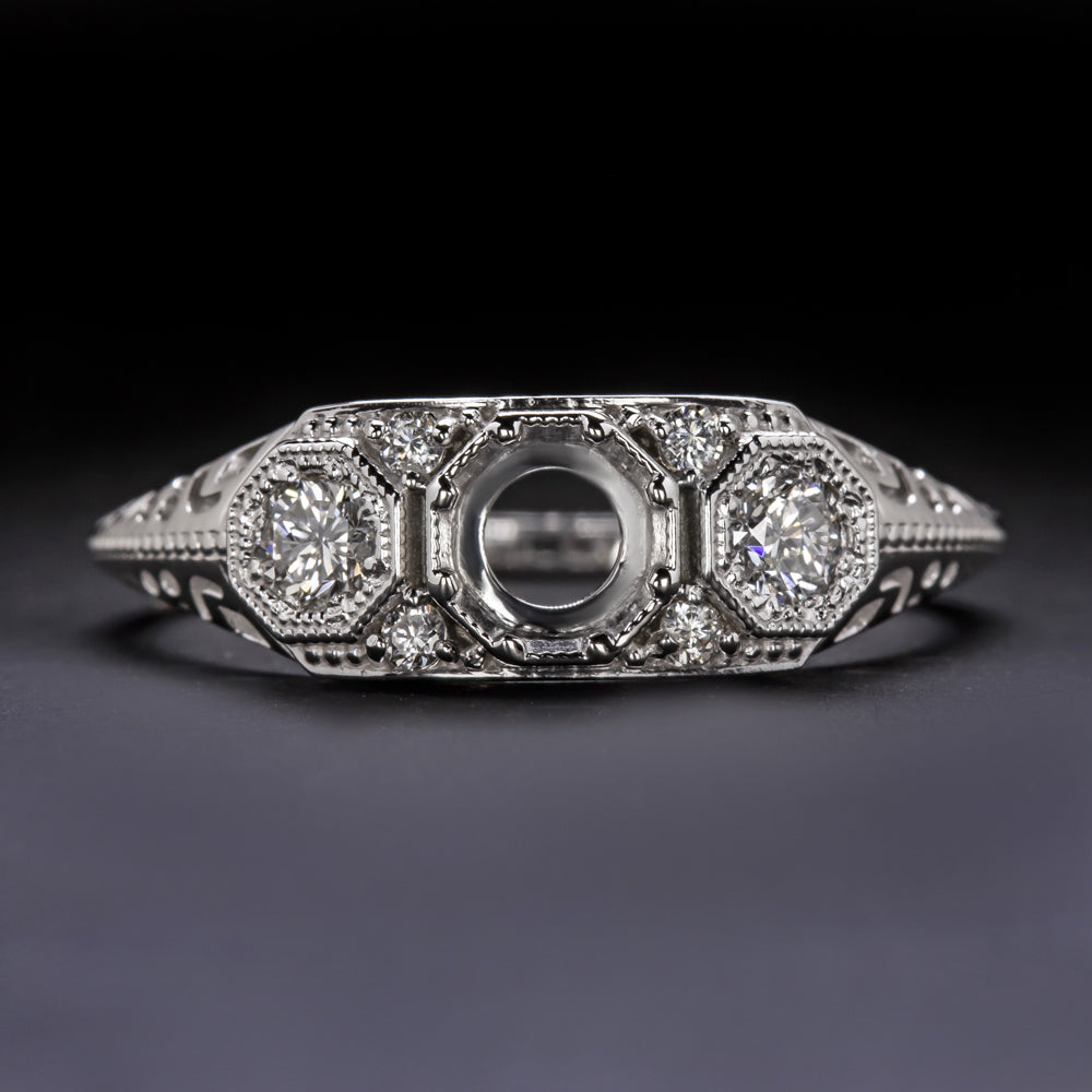 DIAMOND 5mm ROUND VINTAGE STYLE ENGAGEMENT RING SETTING WHITE GOLD 3 STONE MOUNT