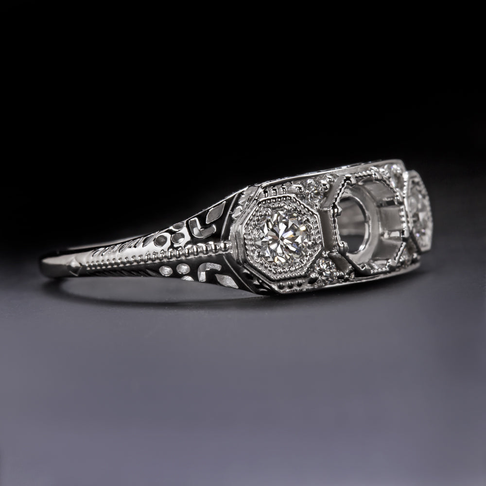 DIAMOND 5mm ROUND VINTAGE STYLE ENGAGEMENT RING SETTING WHITE GOLD 3 STONE MOUNT